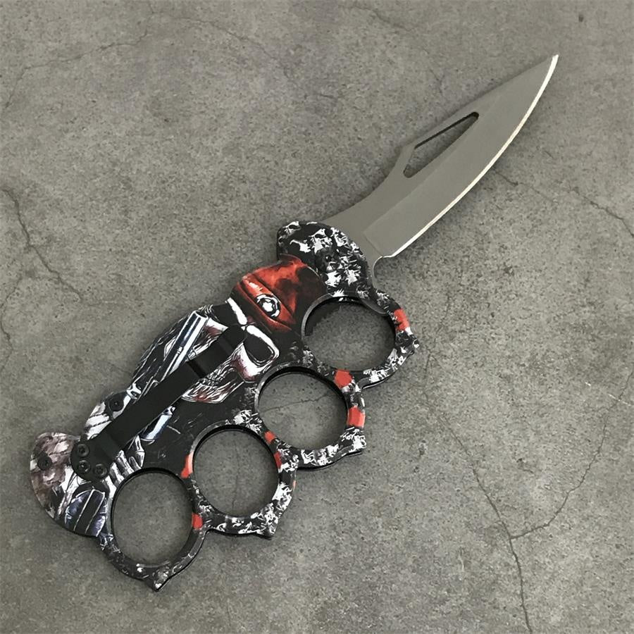 Outdoor Folding Four Hole Carbon Steel Handle Knuckle Dusters Knife